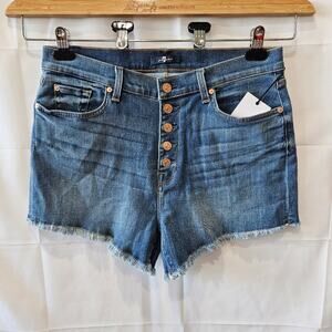 7 For All Mankind Medium Blue Button-Fly Frayed Hem Denim Shorts